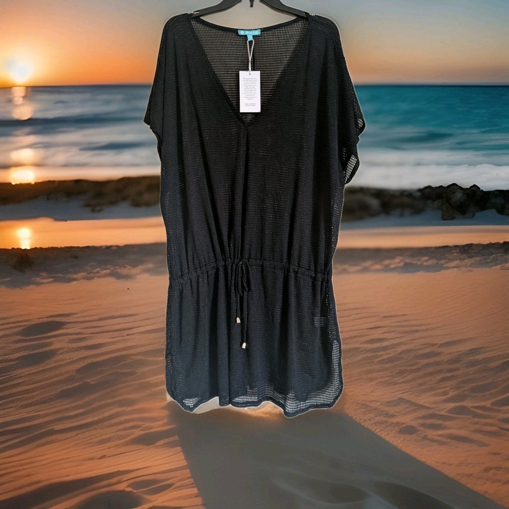 Shore Life Black Mesh Swimsuit Cover Up 2X Womens Stretch Drawstring Pullover